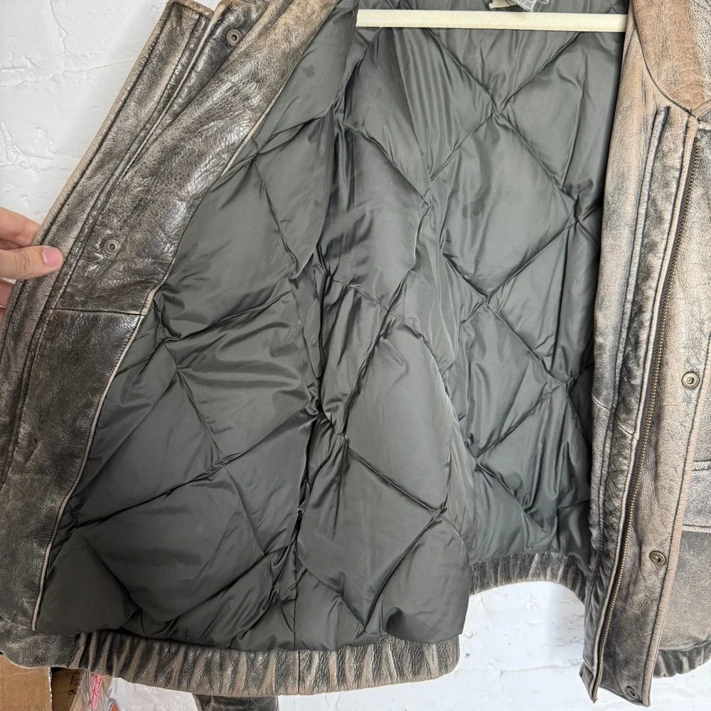 Eddie Bauer Mens Distressed Leather Bomber‎ Jacket Goose Down Quilted Brown L/G